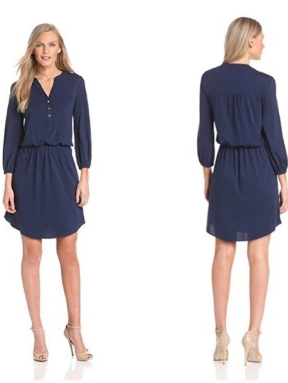 LILLY PULITZER Beckett Blouson Jersey Dress Navy Blue 3/4 Sleeve Pima Cotton M